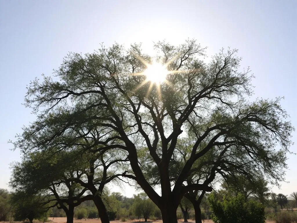 Acacia trees under the sun, gentle wind, symbolizing the source of acacia honey, natural scene, high quality.
