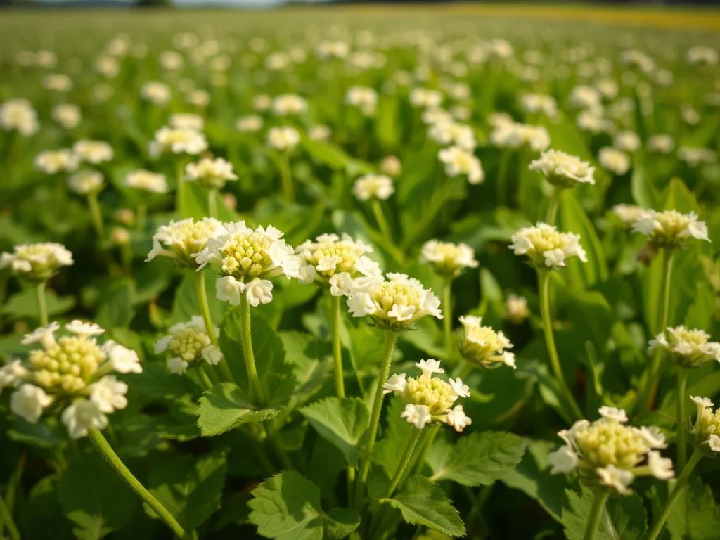 A close-up of clover flowers in a field, gentle breeze, sunny day, representing the source of clover honey, high quality, photorealistic.