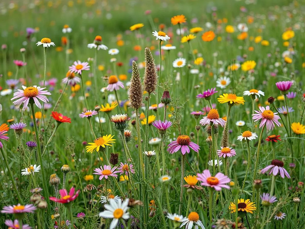 A diverse landscape featuring a variety of wild flowers in a meadow, colorful blossoms, natural serene environment, high quality.