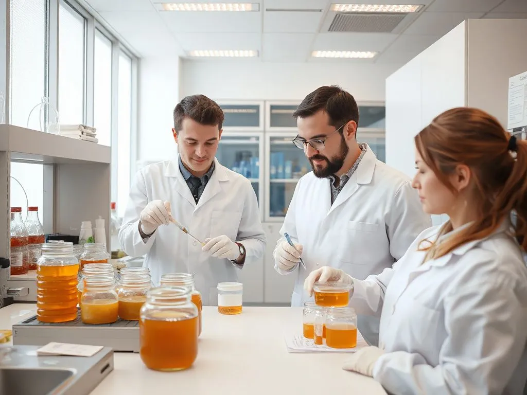 Modern laboratory setting with honey samples being analyzed, scientists in white lab coats, high quality, professional lighting.