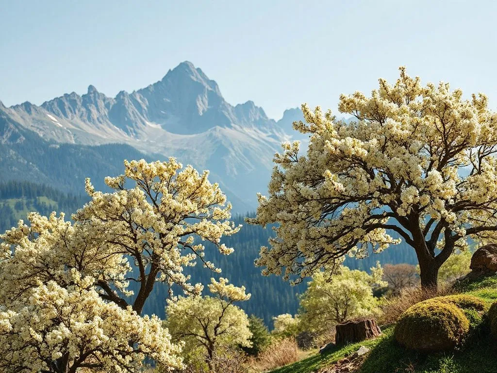 Mountain landscape with sidr trees in bloom, symbolizing the source of mountain sidr honey, high quality, scenic view.