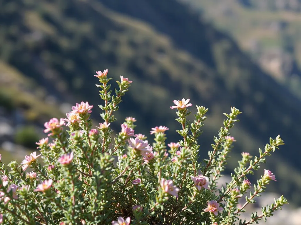 Mountainous region with aromatic thyme plants in bloom, representing the source of mountain thyme honey, crisp air, vibrant colors, high quality.