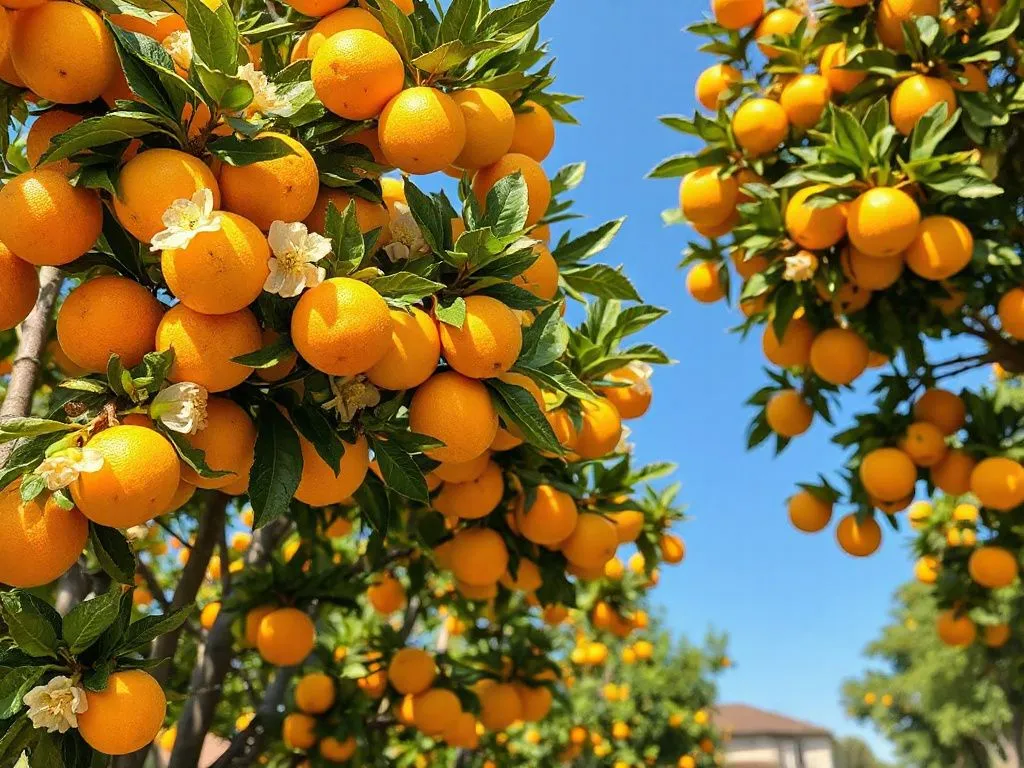 Orange and lemon trees in full bloom during spring, symbolizing the source of citrus honey, vibrant colors, natural setting, high quality.