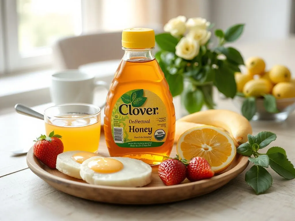 Clover honey with fresh fruit and breakfast setting, photorealistic, natural lighting, bright and inviting
