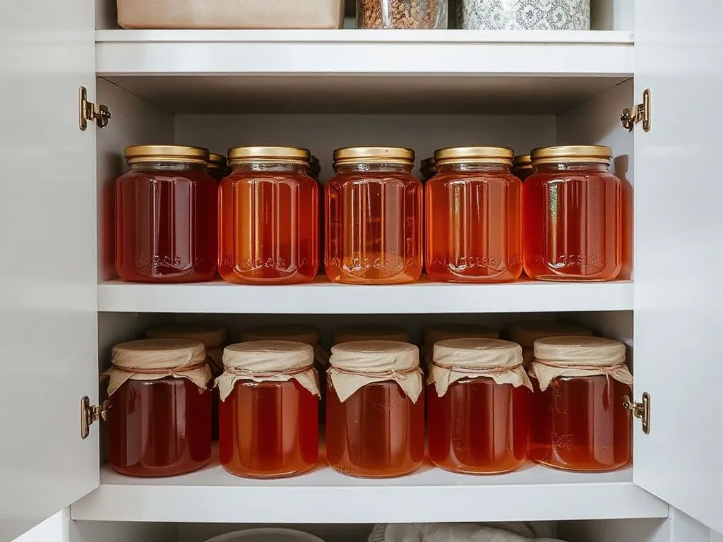 Glass jars of honey stored in a cool, dry place, professional photography, organized and clean setting