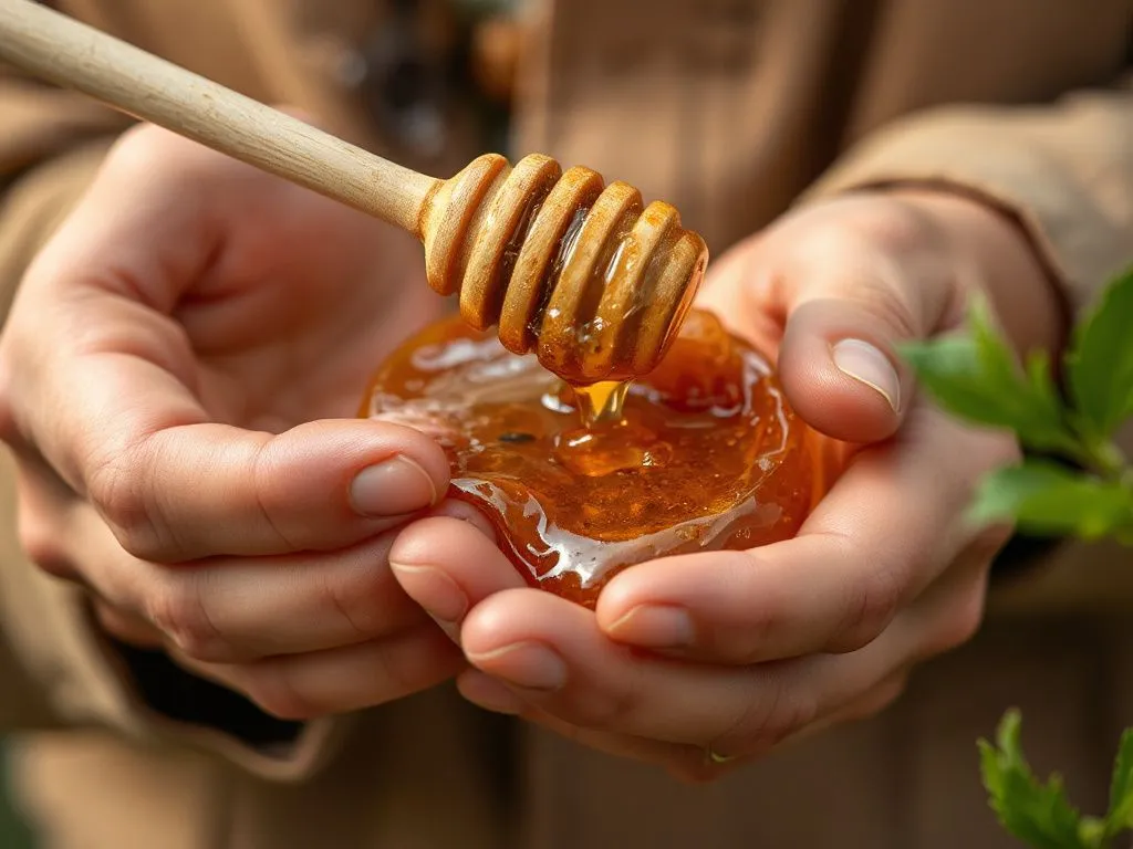 Close-up of hands carefully tasting herbal mountain honey, photorealistic, warm lighting, emphasizes rich texture and floral aroma of honey
