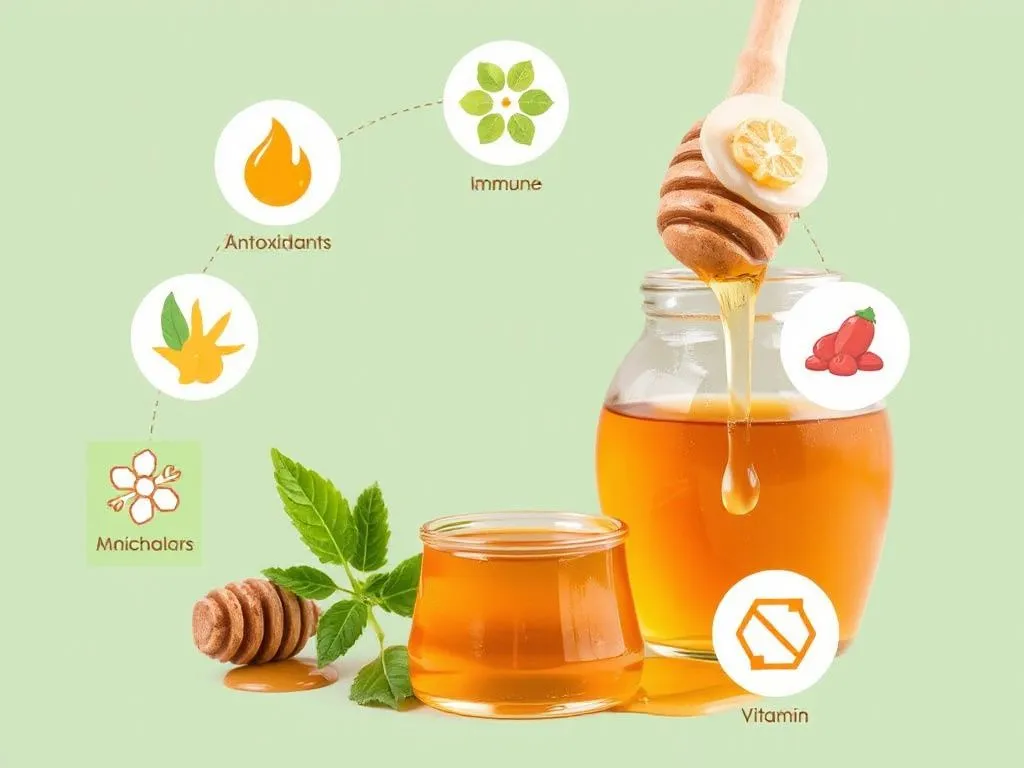 Conceptual image showing healthy benefits of mountain honey: antioxidants symbols, immune support, vitamins and minerals icons, photorealistic