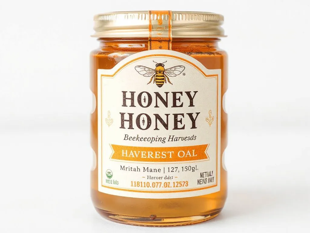 High-quality photograph of a detailed honey jar label showing origin, beekeeping methods, and harvest dates, oriented on a clean background