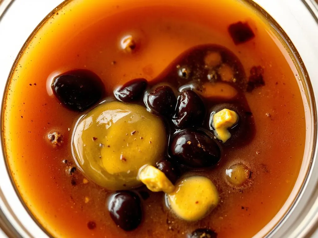 Close-up shot of a salad dressing made with black seed honey, balsamic vinegar, olive oil, and mustard, in a sleek glass bowl, highlighting the mix of flavors