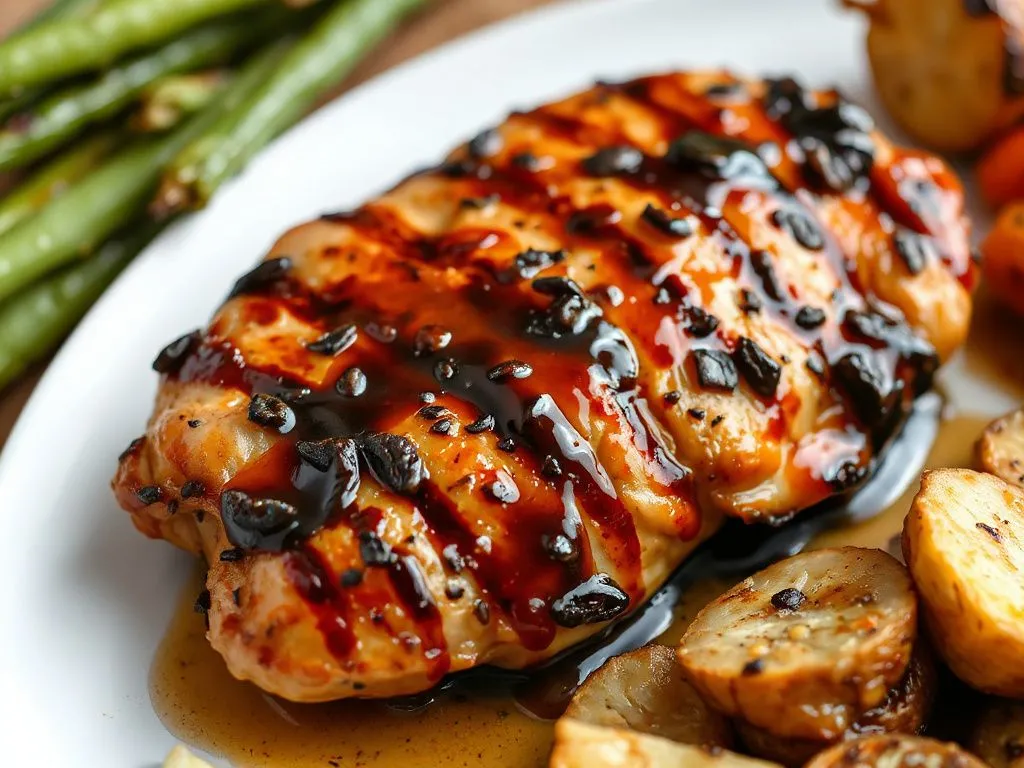 Grilled chicken with a glossy glaze made from black seed honey, soy sauce, and garlic, served with roasted vegetables, emphasizing dinner elegance