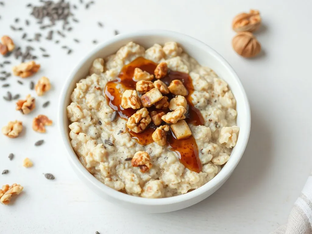 High quality image of oatmeal with black seed honey drizzle, garnished with cinnamon and crushed walnuts, emphasizing breakfast nutrition