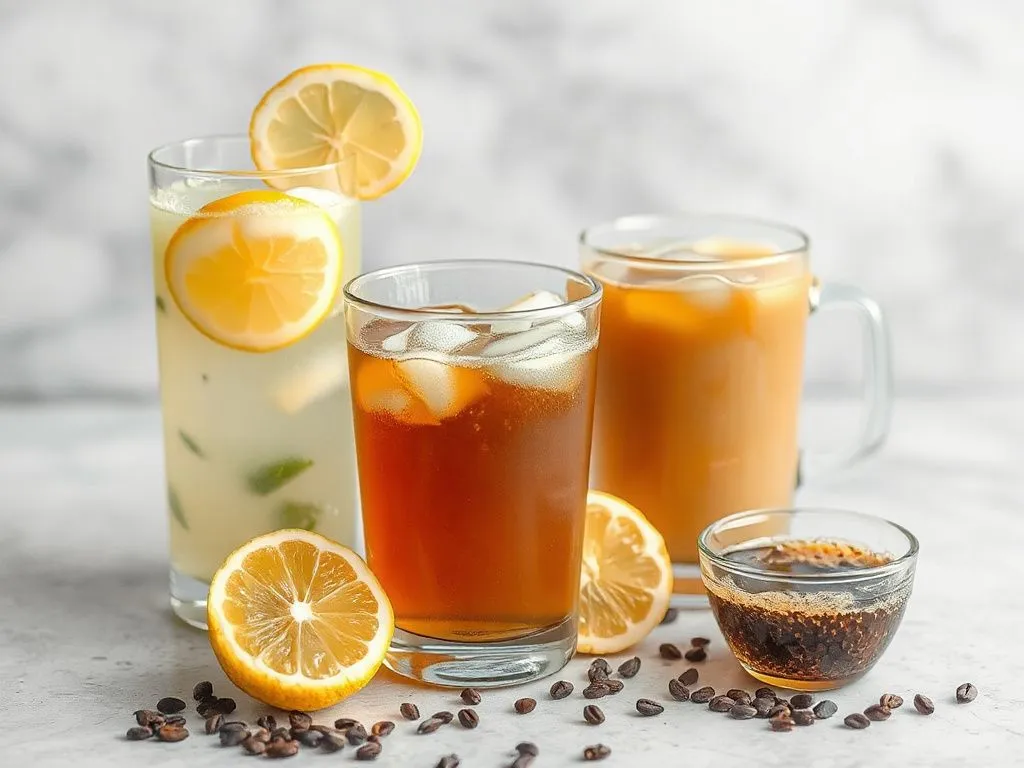 Refreshing view of cold and warm beverages sweetened with black seed honey, including lemon juice and coffee, suggesting health benefits