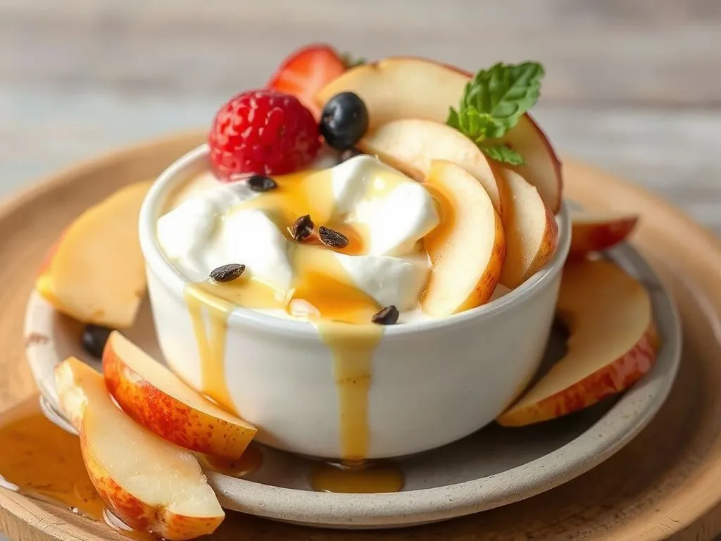 Natural yogurt topped with fresh fruits and black seed honey, with apple slices drizzled with honey, vibrant and appetizing