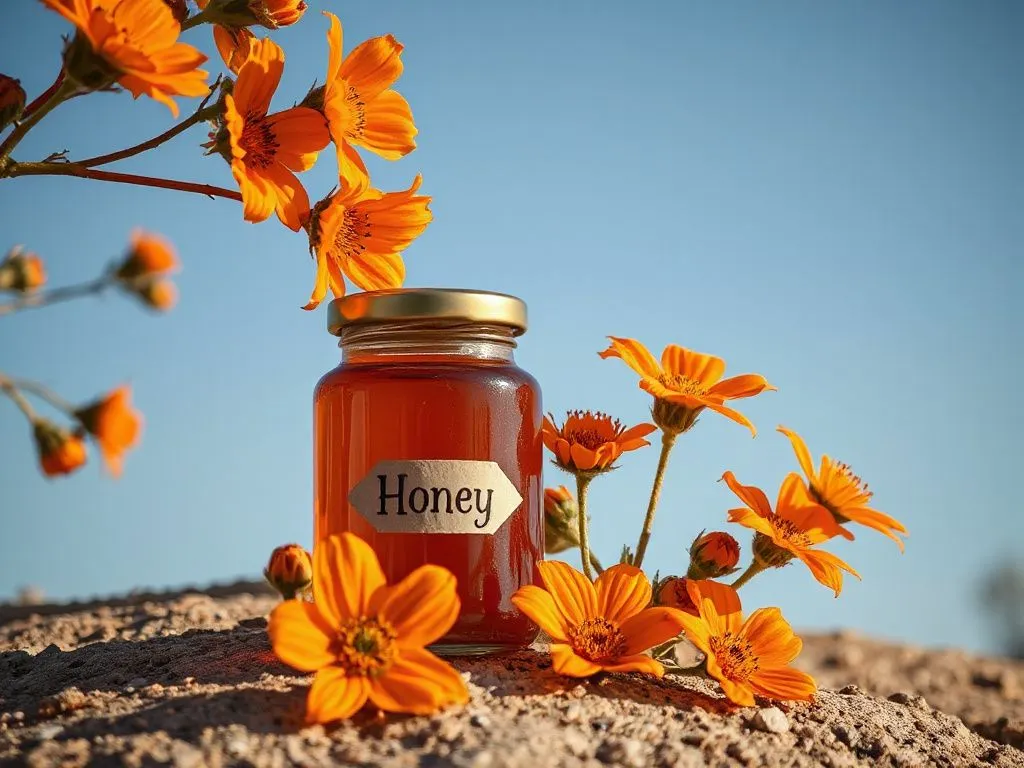 A beautifully composed image of a honey jar next to burnt orange desert flowers, emphasizing its desert origin, warm tones, photorealistic.