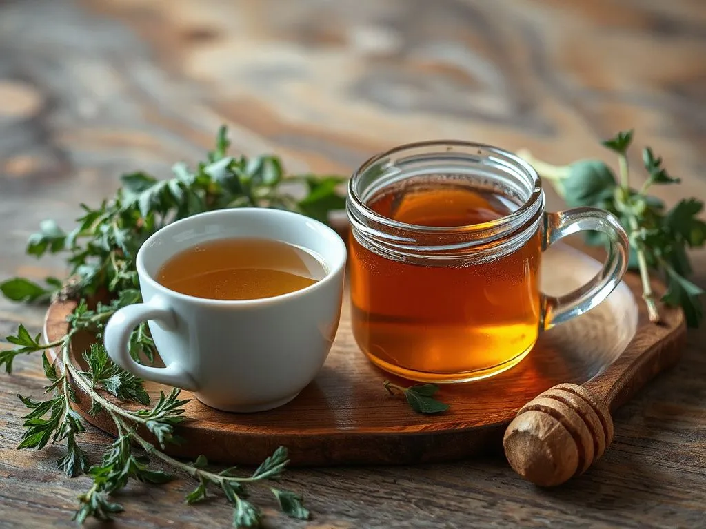 A cozy tea setting with a cup of herbal tea and a jar of honey, surrounded by fresh herbs, detailed, professional lighting.