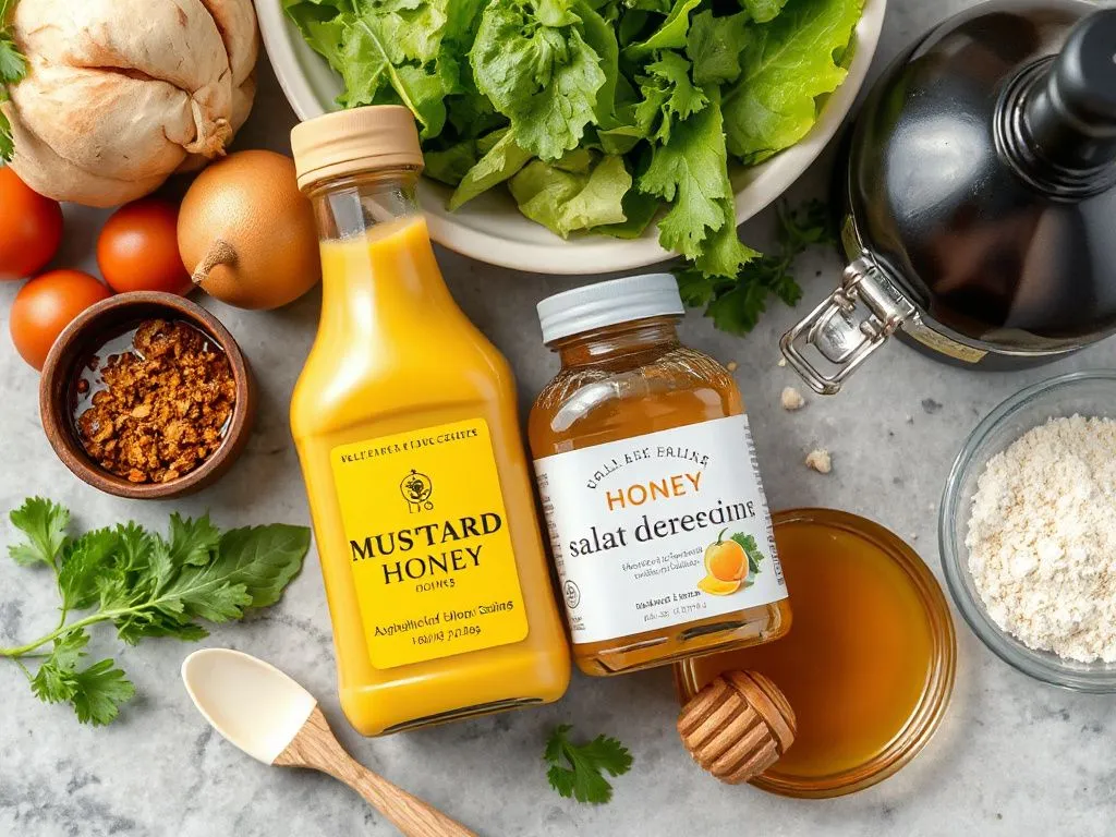 Creative culinary scene of mustard and honey salad dressing ingredients on a kitchen counter, top-down view, professional style.