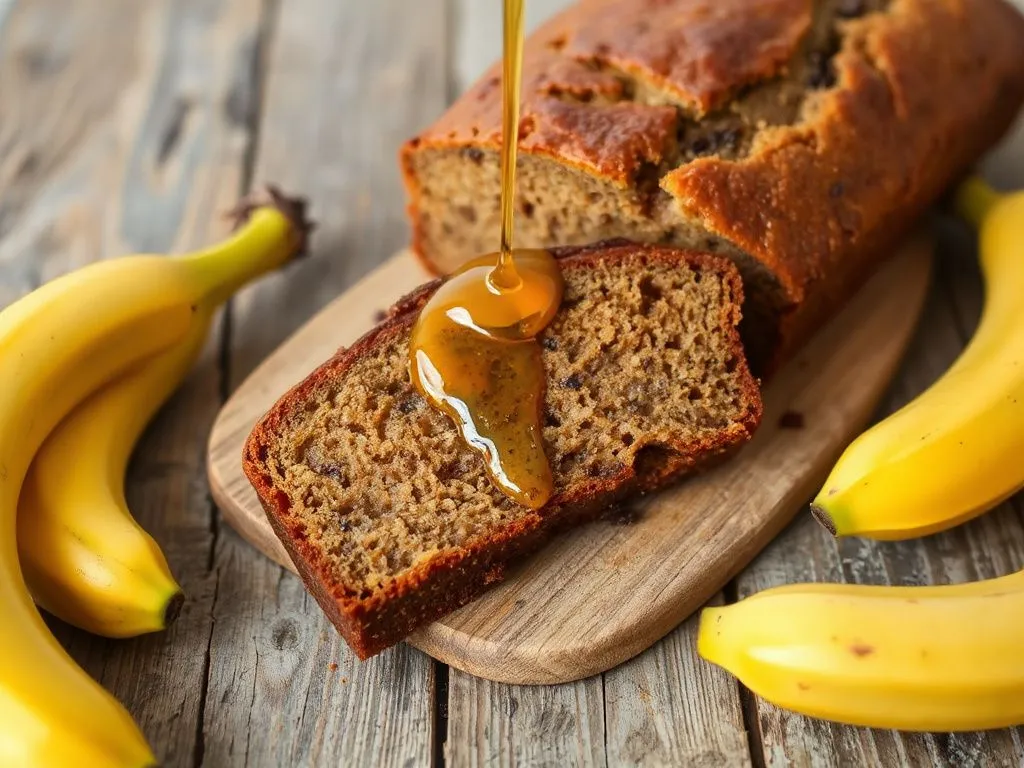 A delicious slice of banana bread drizzled with honey, placed on a rustic wooden table with ripe bananas around, professional food photography.