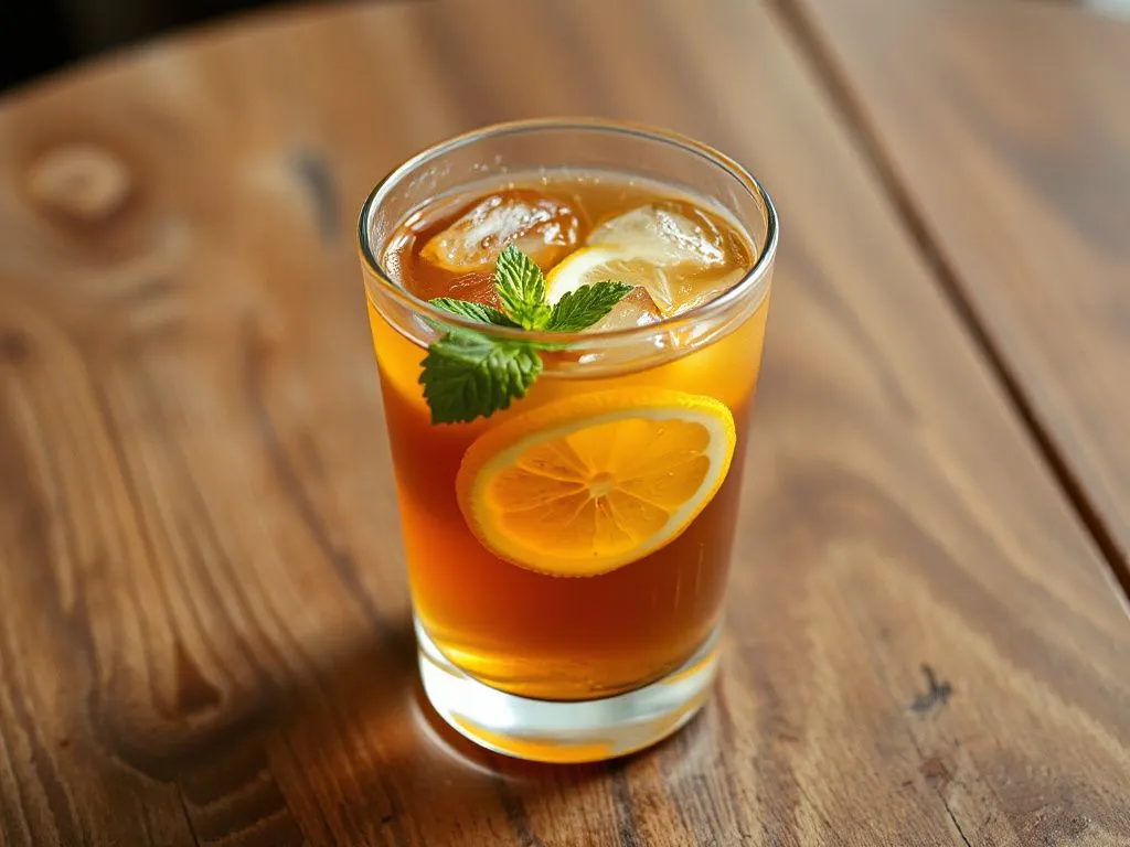 Refreshing iced tea with honey and lemon slices on a wooden table, natural lighting, condensation on the glass emphasizing freshness.