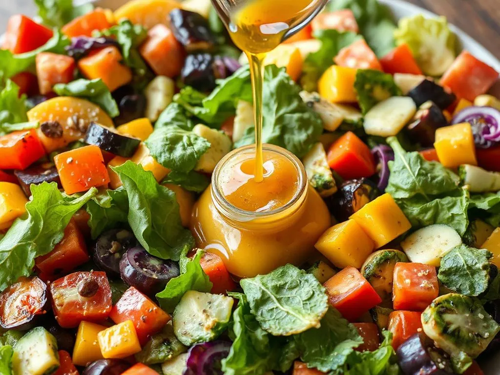 A vibrant image of a variety of fresh salads with a honey dressing being poured over, colorful vegetables, professional style.