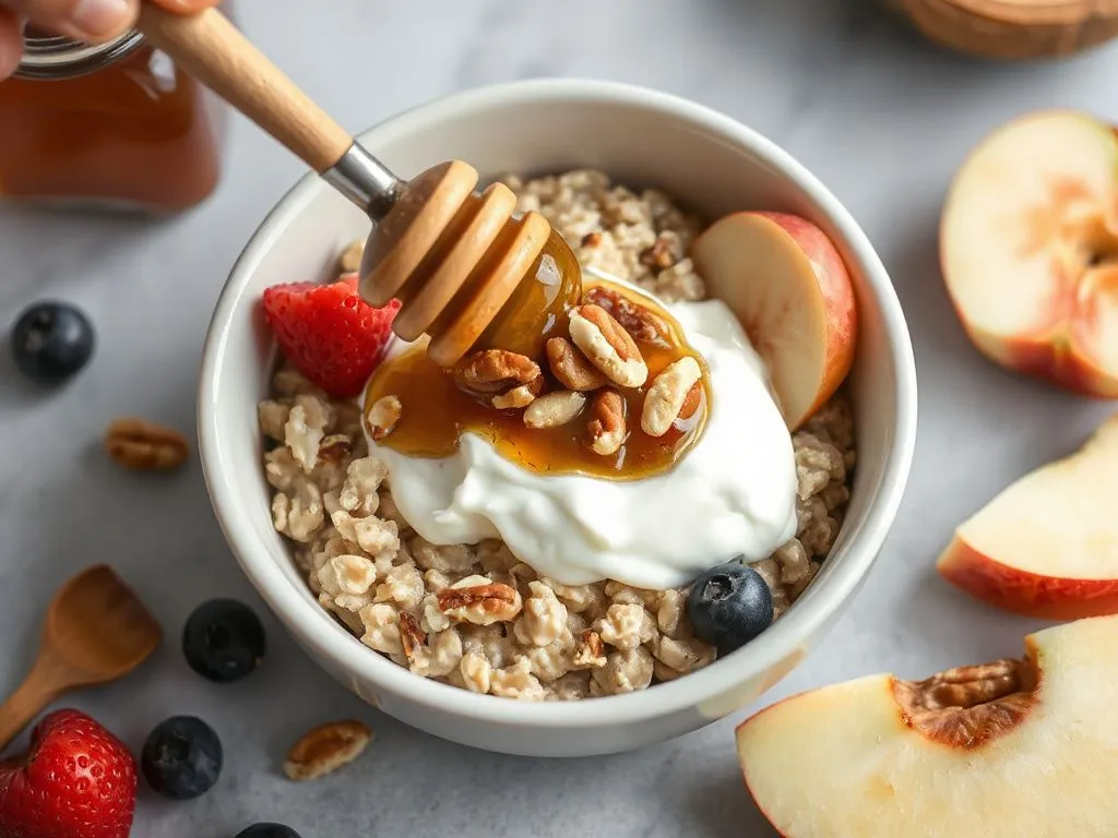 Artistic representation of honey with nuts being mixed into a bowl of oatmeal with yogurt, berries, and apple slices, showcasing a healthy breakfast option.
