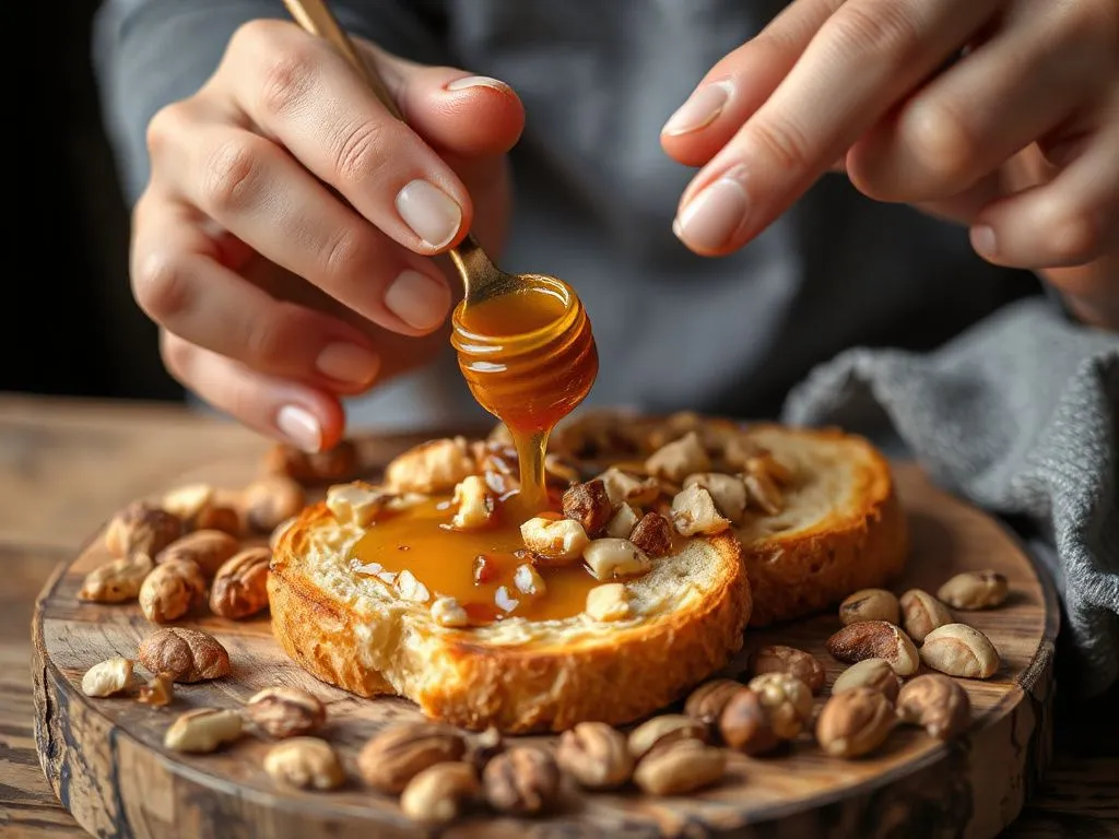Close-up of a person spreading honey with nuts on toasted bread, with a variety of nuts scattered around for garnish.