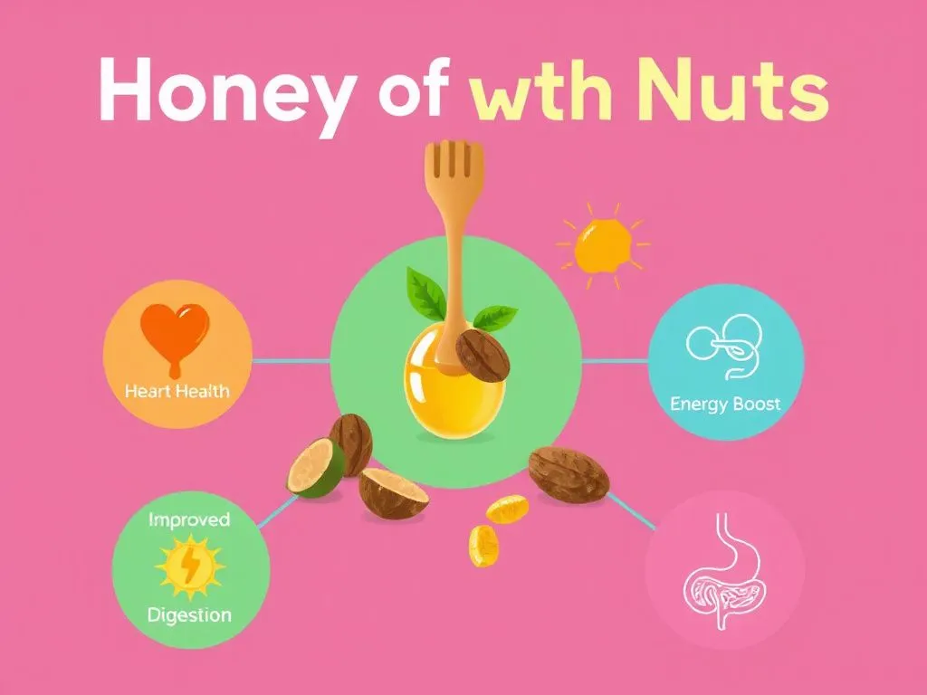 Illustrative depiction of the nutritional benefits of honey with nuts, focusing on heart health, energy boost, and improved digestion, using icons and vibrant colors.