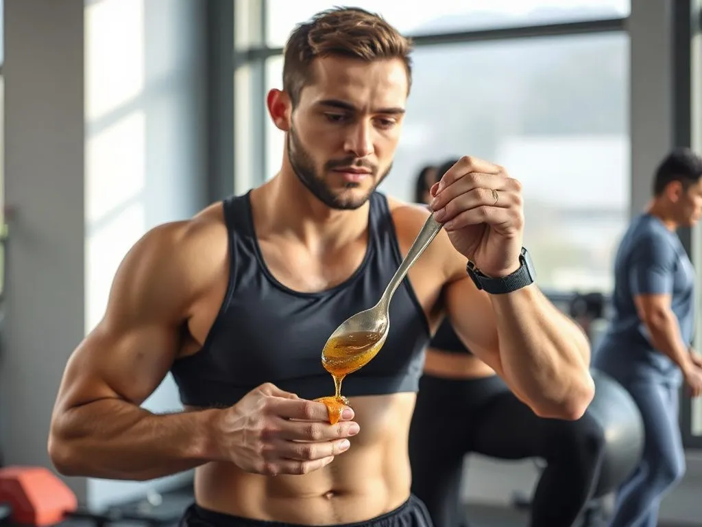 Fit athletes incorporating a spoonful of thyme honey into their daily routine before workout, sports equipment visible, photorealistic, natural lighting, dynamic composition