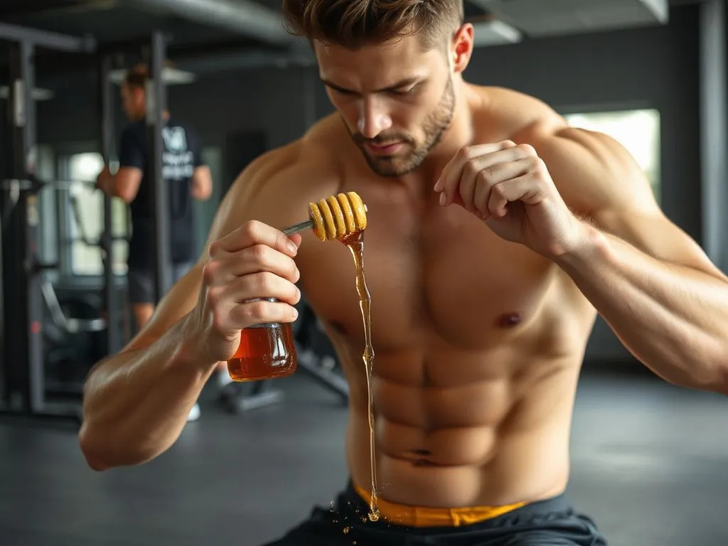 Athlete taking honey as a pre-workout energy booster, dynamic action shot, gym setting