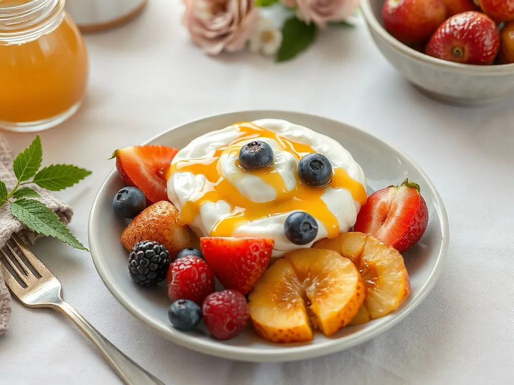 Breakfast table with yogurt and fresh fruits drizzled with golden honey, photorealistic, appetizing, high quality