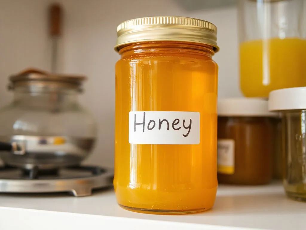 Close-up of a sealed jar of honey stored on a kitchen shelf, avoiding direct sunlight, clean and organized