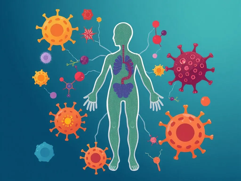 Illustration of a healthy immune system with vibrant colors and abstract shapes representing antioxidants fighting free radicals