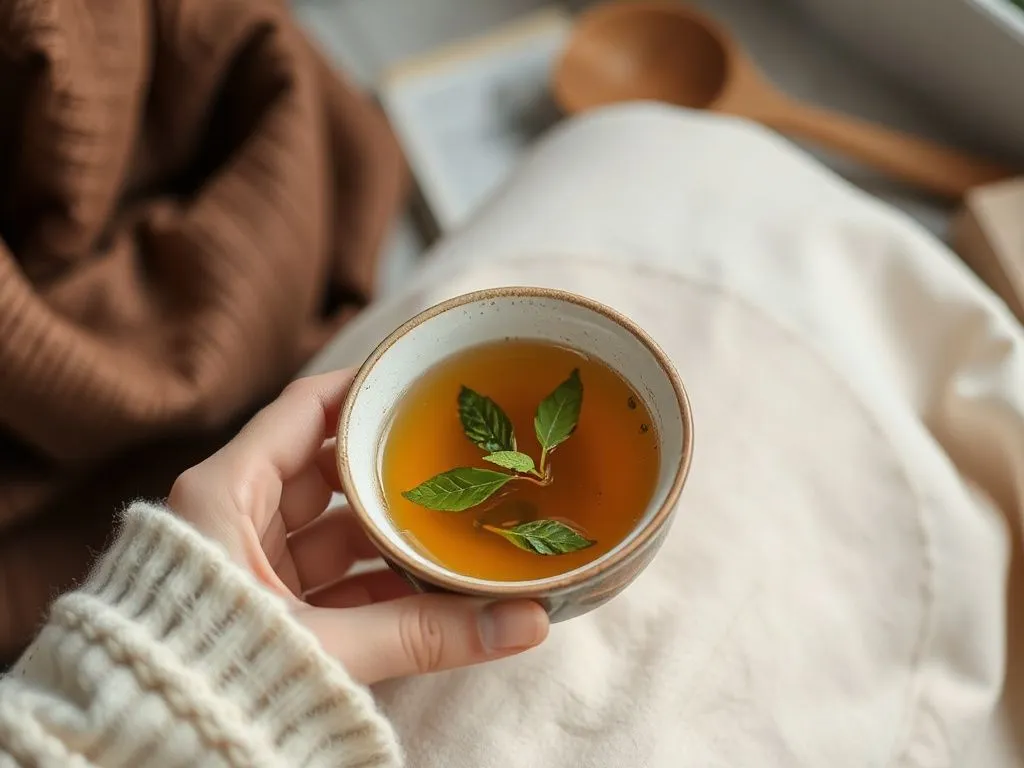 Person drinking a warm cup of herbal tea with honey, cozy setting, soothing atmosphere, detailed