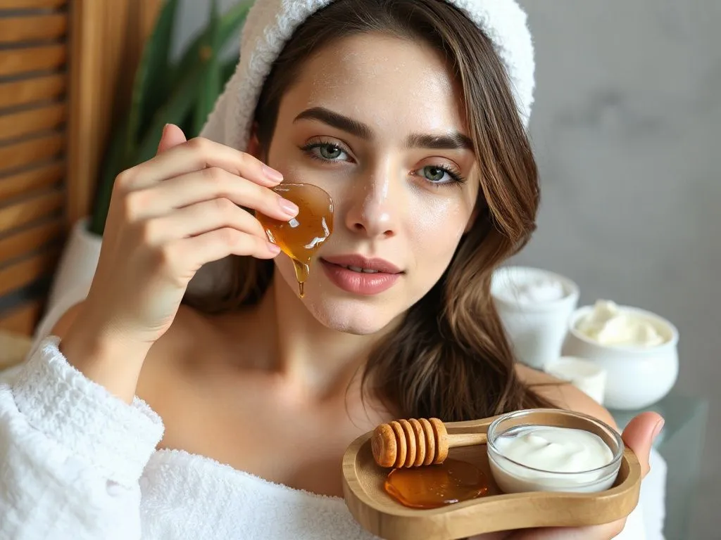 Young woman applying honey face mask, fresh ingredients like aloe vera and yogurt on the side, spa-like setting