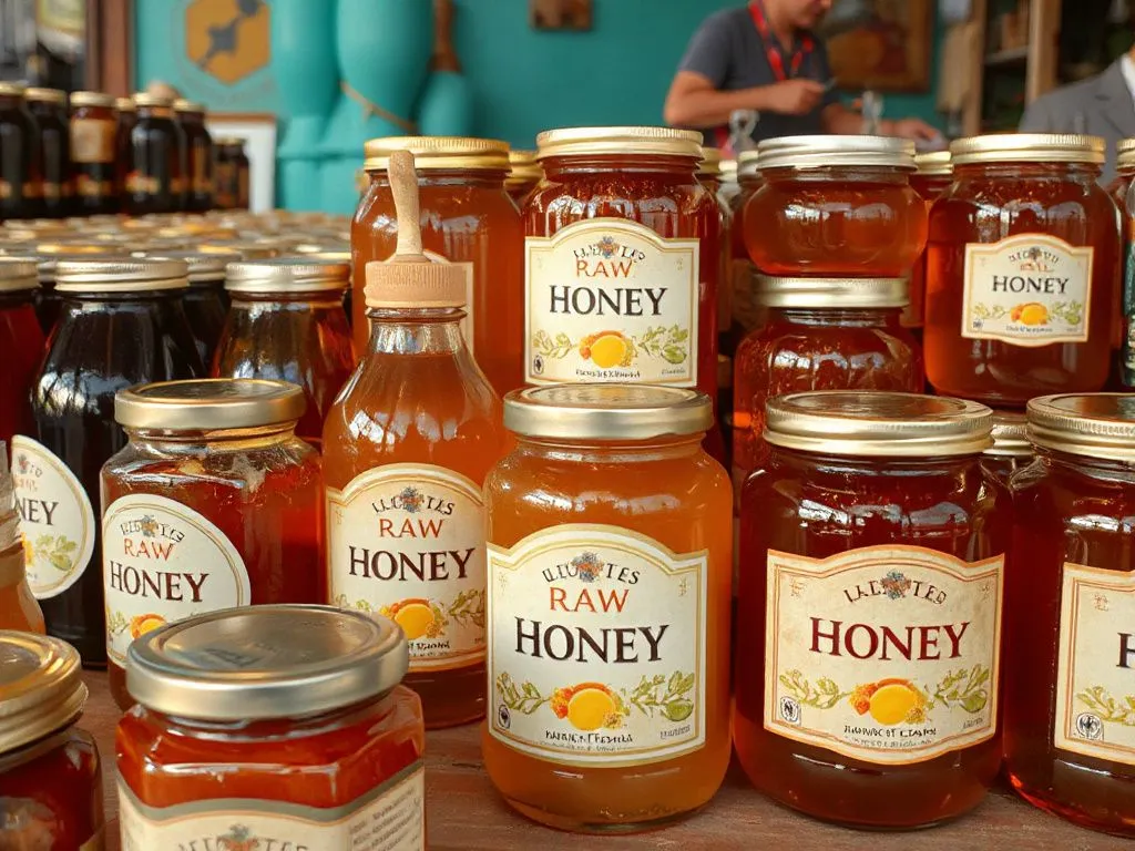 An assortment of honey jars in a market setting, focusing on labels indicating raw and unprocessed qualities