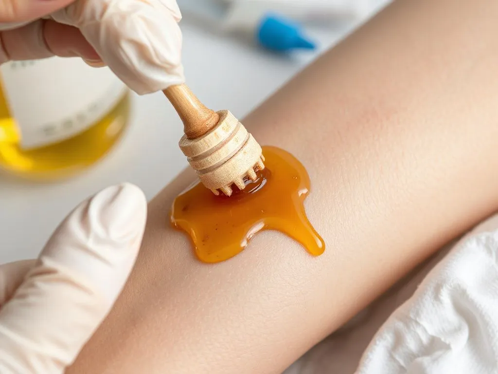 A close-up image of honey being applied to a small cut, with clean and sanitary medical supplies around