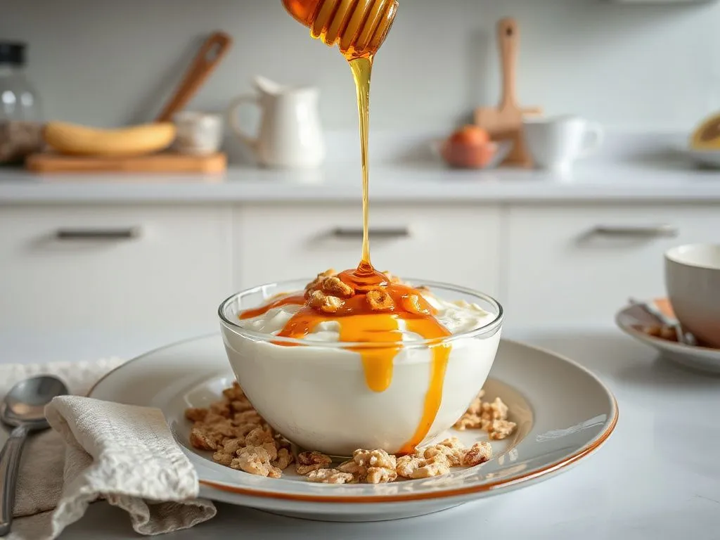 Elegant kitchen setup with honey being drizzled over a bowl of yogurt and oatmeal, showcasing a healthy breakfast option