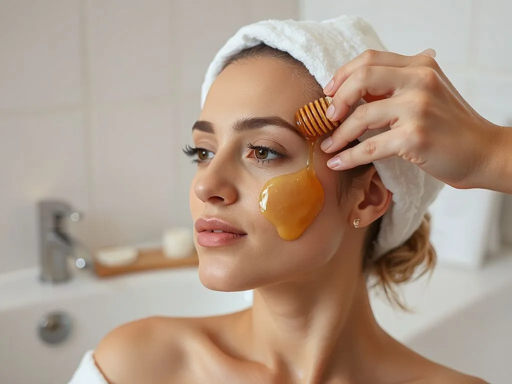 A luxurious bathroom setting with honey being applied to one side of the face, highlighting skincare benefits