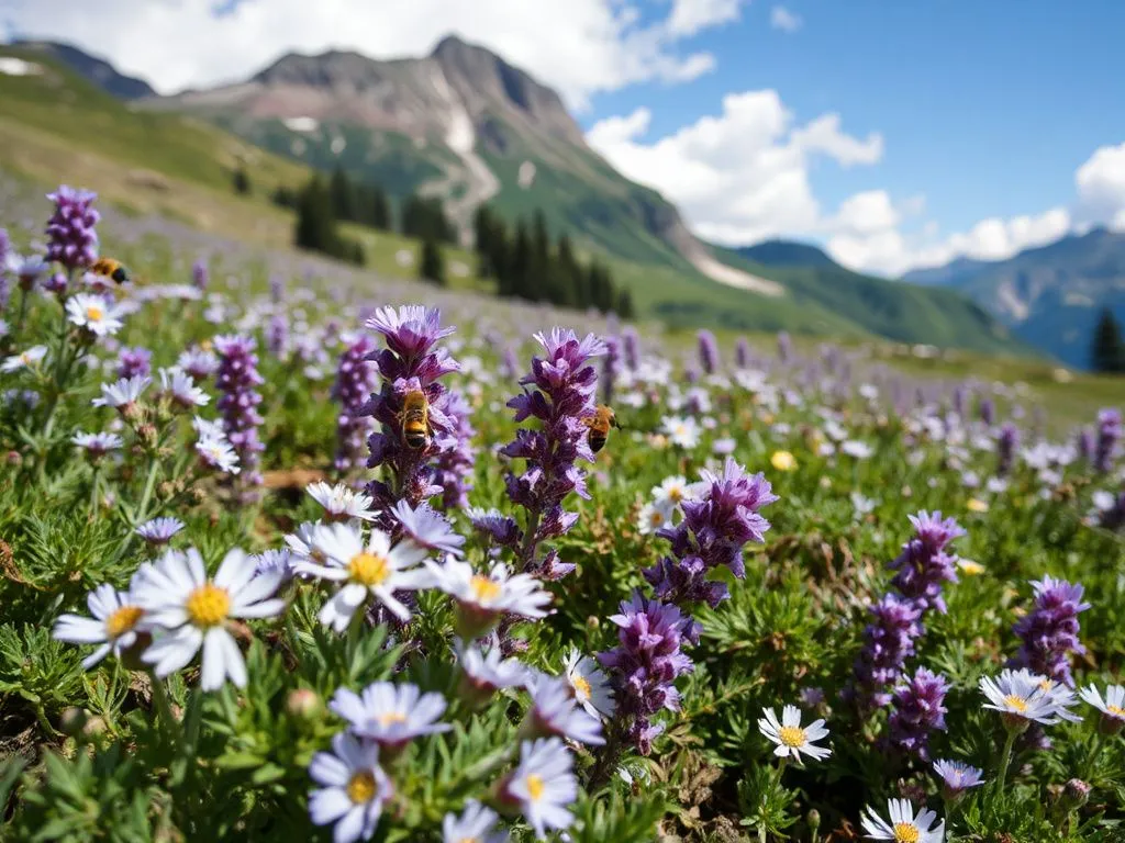 A mountain meadow filled with blossoming thyme flowers, conveying the natural habitat where bees gather nectar. Lush greens and purples with a clear blue sky, detailed and vibrant