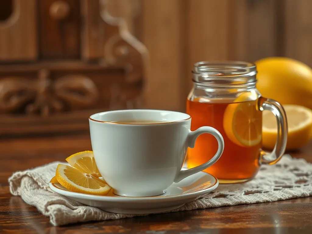 Photorealistic image of a steaming cup next to a jar of honey and lemon slices, with a warm and cozy ambiance
