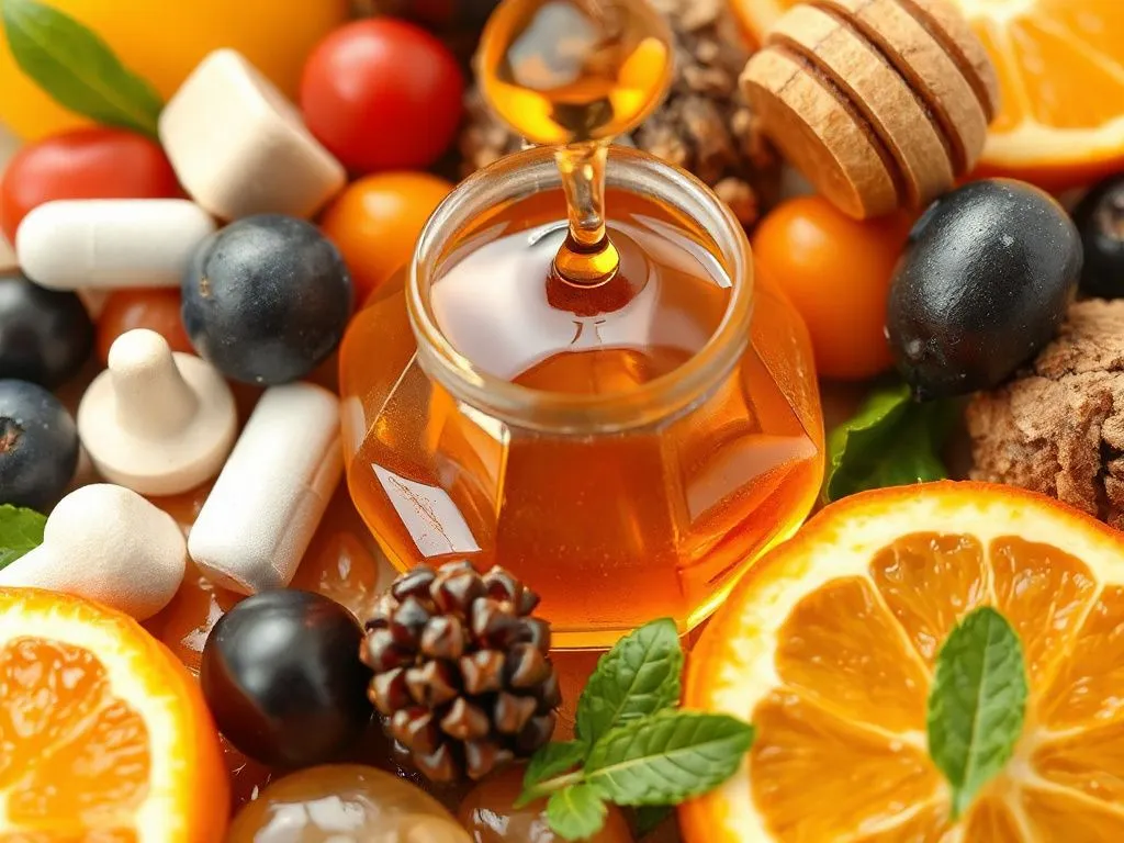 Close-up of antioxidants and vitamins illustration, detailed, showing health benefits of honey, with colorful fruits and supplements