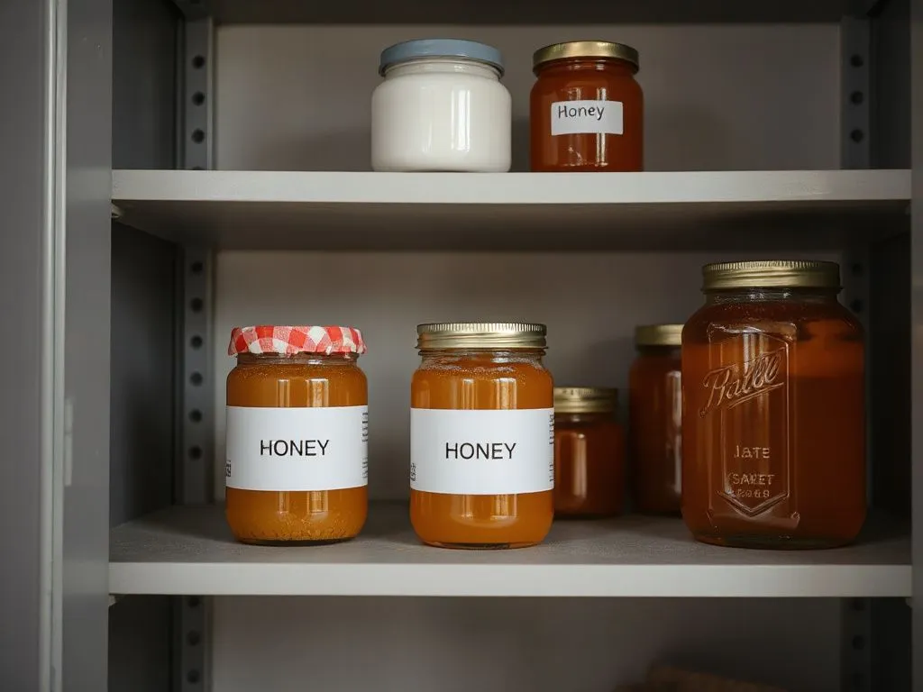 A cool, dry pantry shelf with jars of honey stored safely, illustrating safe storage practices