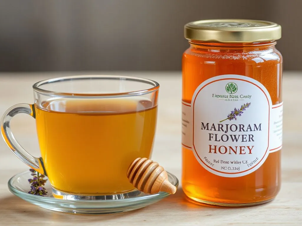A cup of herbal tea with a honey dipper and a jar of Marjoram Flower Honey, showing its use in drinks, professional, warm lighting