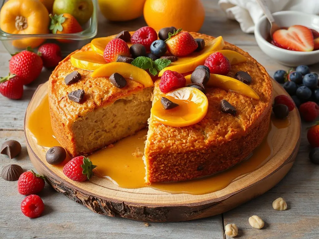 Homemade honey cake with fresh fruits and chocolate on a wooden board, detailed and inviting, rustic style