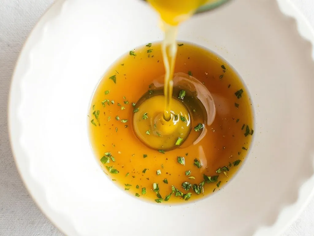 A honey-lemon-mustard marinade being mixed in a bowl, with herbs, illustrating use in savory dishes, high quality