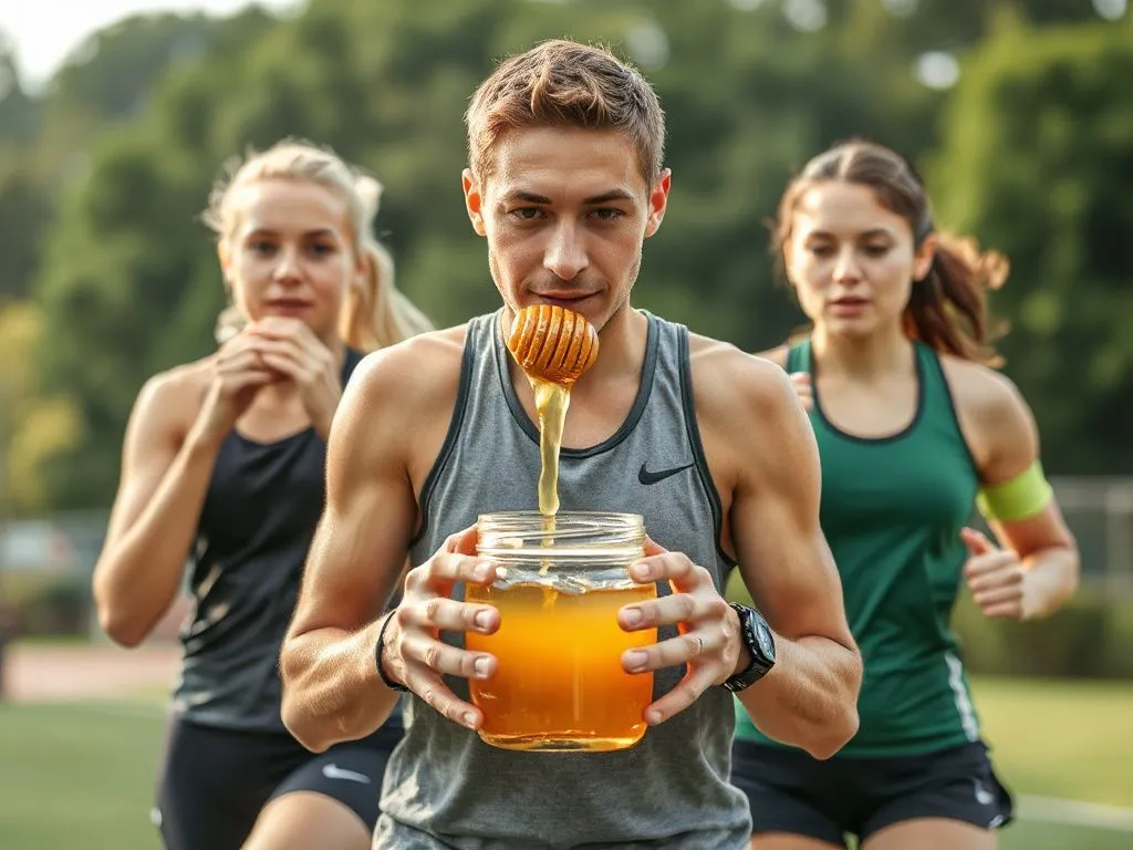 Athletes consuming clover honey naturally before or after exercise for energy boost, highlighting its role in sports nutrition, dynamic and high energy imagery