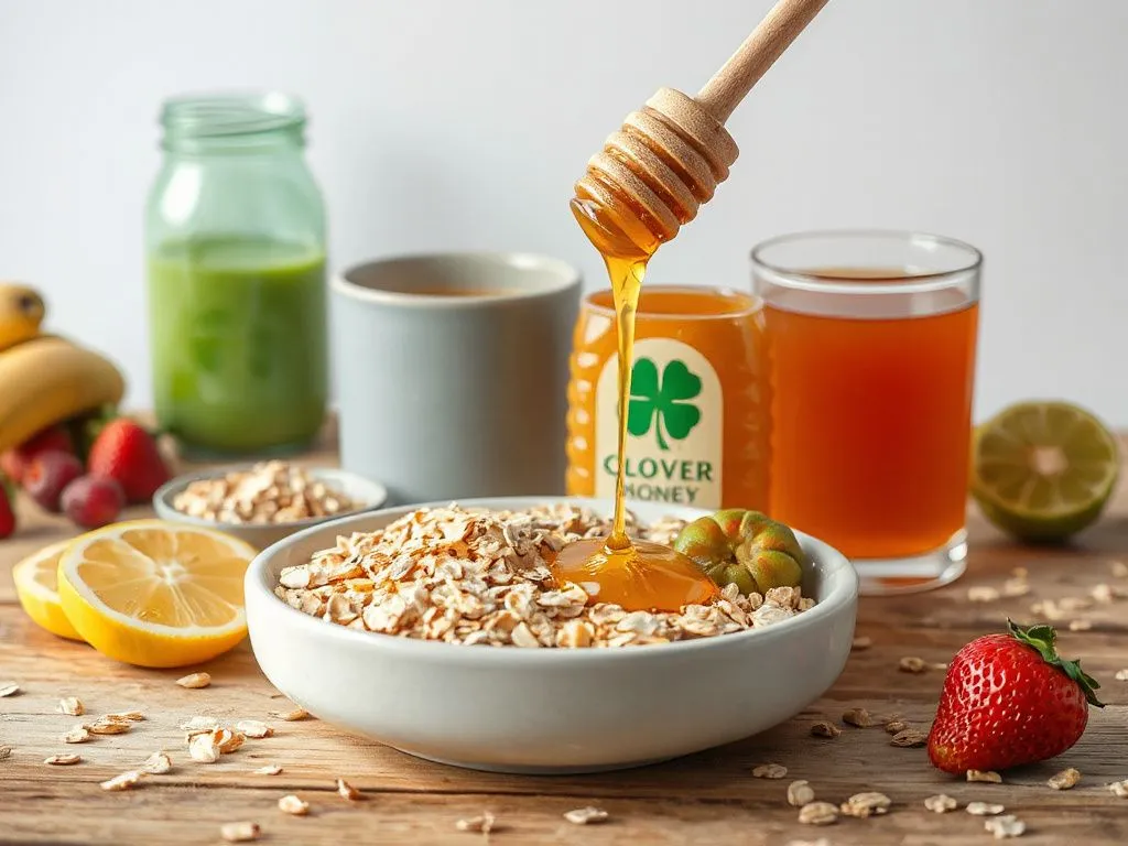 Clover honey being used in a healthy breakfast setup with oats and natural juices, showcasing a nutritious start to the day, photorealistic, high quality