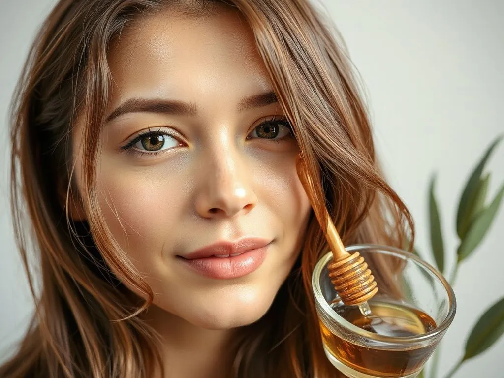 Shiny and healthy hair benefiting from a honey olive oil mask, portraying natural hair care, professional photography style
