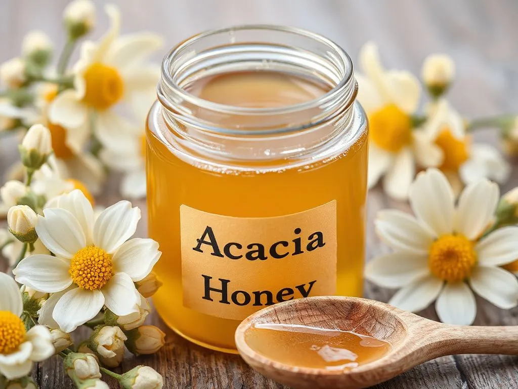 Close-up of a jar labeled 'Acacia Honey' with a light golden color, surrounded by acacia flowers and a wooden spoon for serving, detailed and inviting presentation
