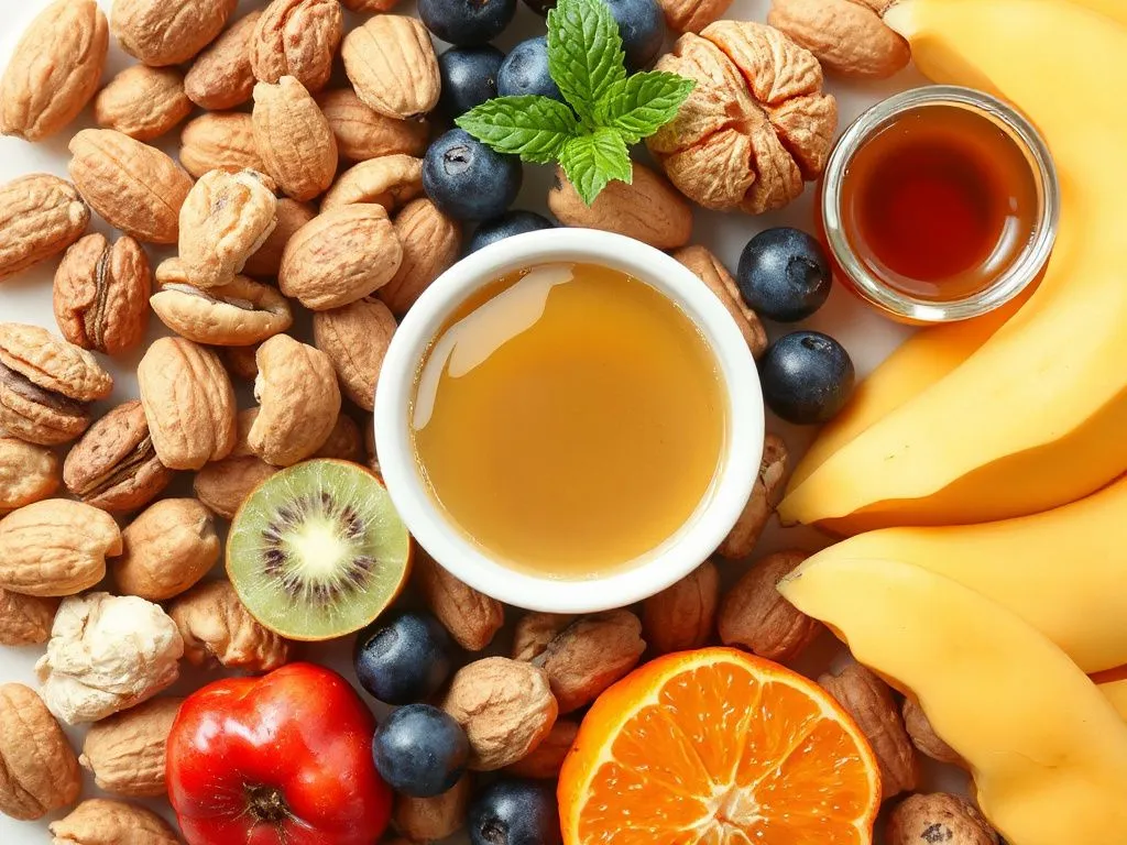 High-energy snacks with nuts and fruits complemented by honey for a quick energy boost, colorful and vibrant arrangement