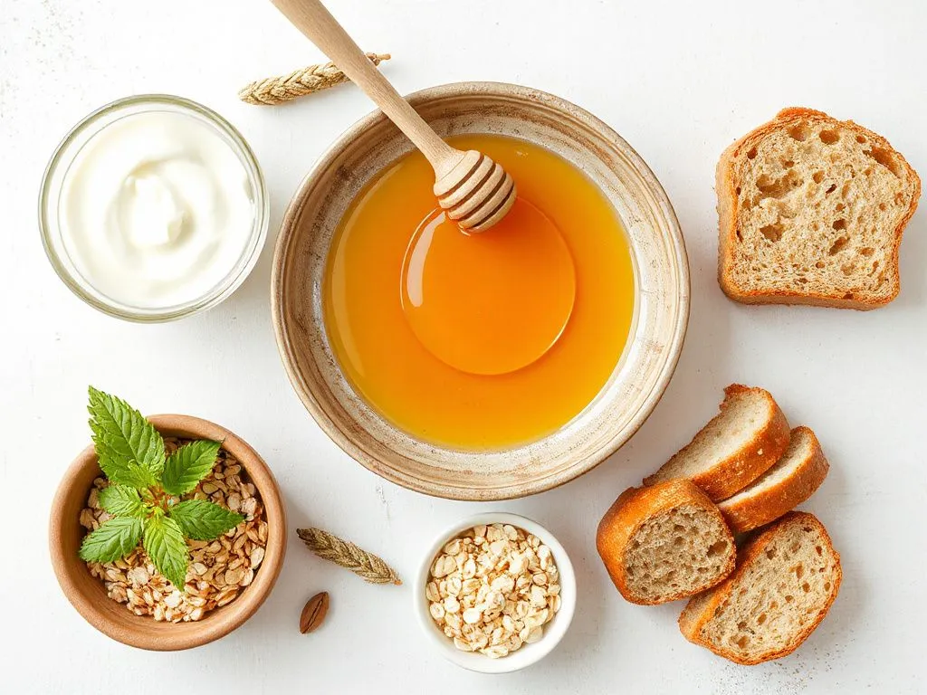 Serving honey with fresh ingredients like whole grain bread, yogurt, and oats for a balanced and healthy meal plan, clean and organized setup
